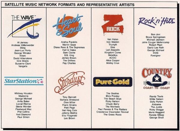 Satellite Music Network formats and representative artists